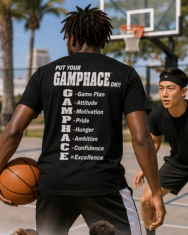 Man on a basketball court in a black Gamphace tee with the Put Your Gamphace On back print