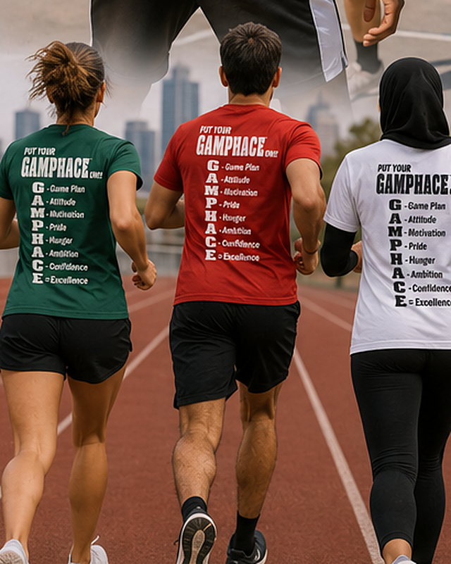 Three runners training together in green, red and white Gamphace tees