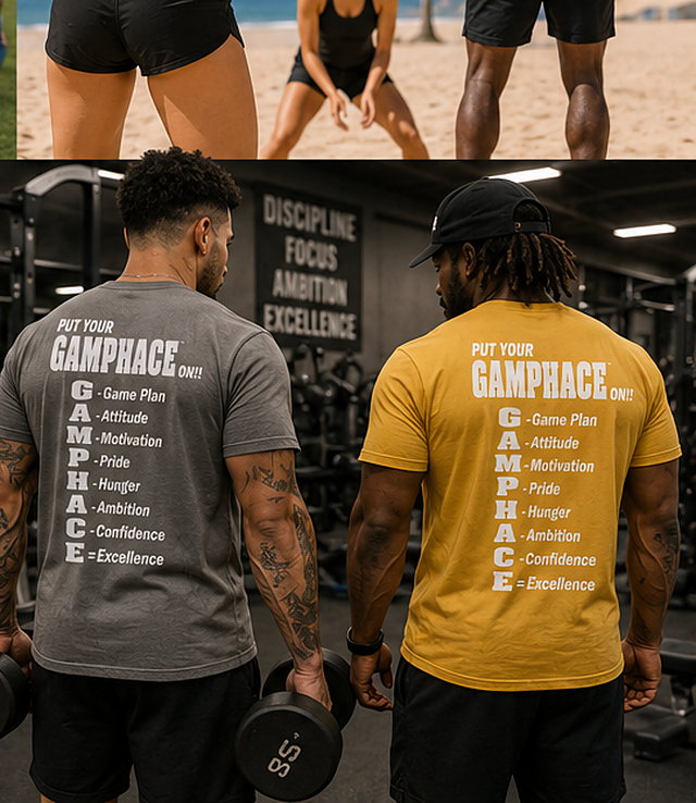Two Gamphace athletes training in grey and gold tees with the back print