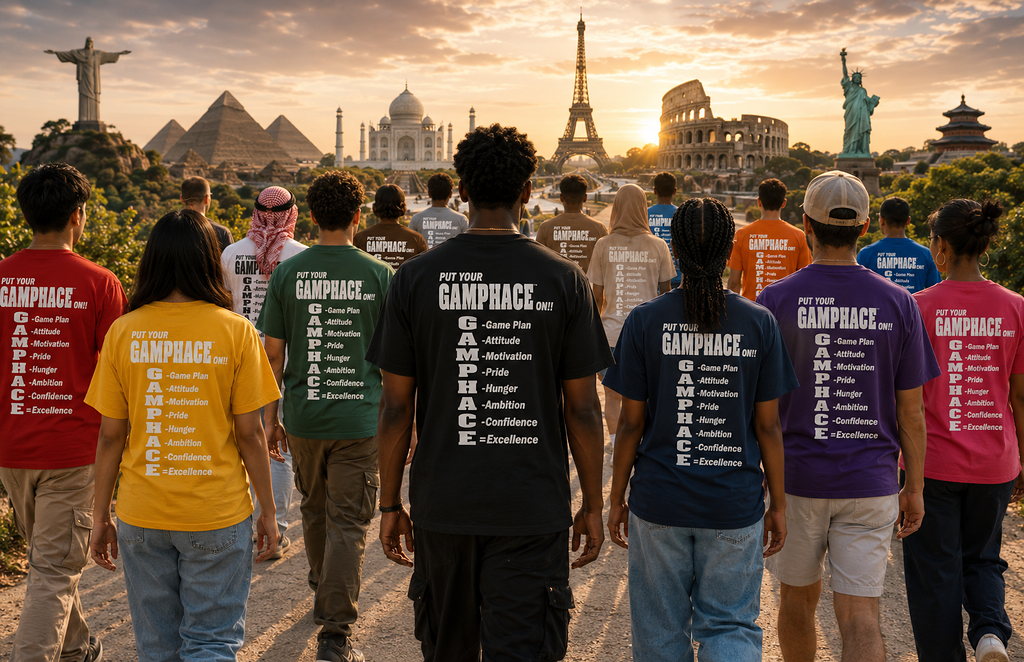 Gamphace team walking together at sunset in Put Your Gamphace On tees, world landmarks behind them