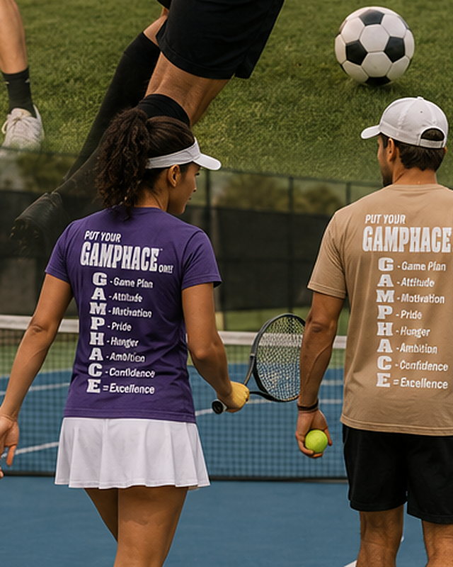 Two Gamphace players walking off a tennis court in branded tees